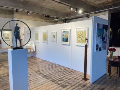 A bright gallery with plinths