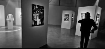 A dramatic black-and-white gallery